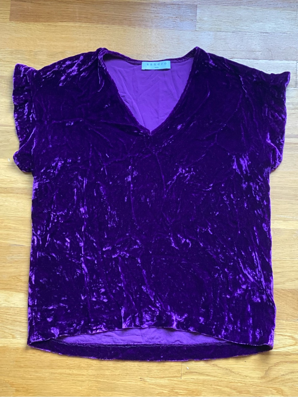 Sandro Alberta Purple Silk Velvet Crinkle Ruffle Sleeve Top Size 1 Small